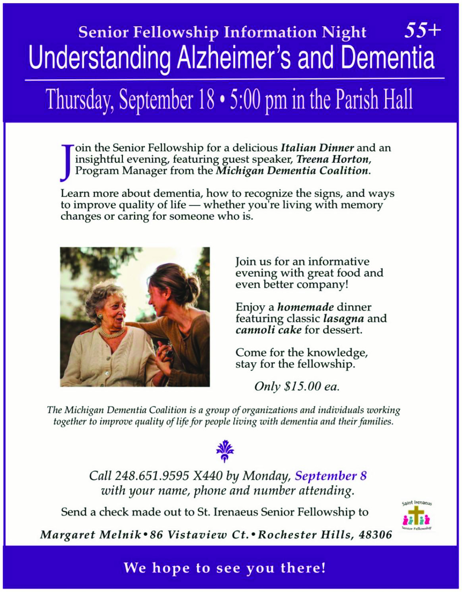 Senior Fellowship Information Night Sept. 18, 2025. Understanding Alzheimer's and Dementia