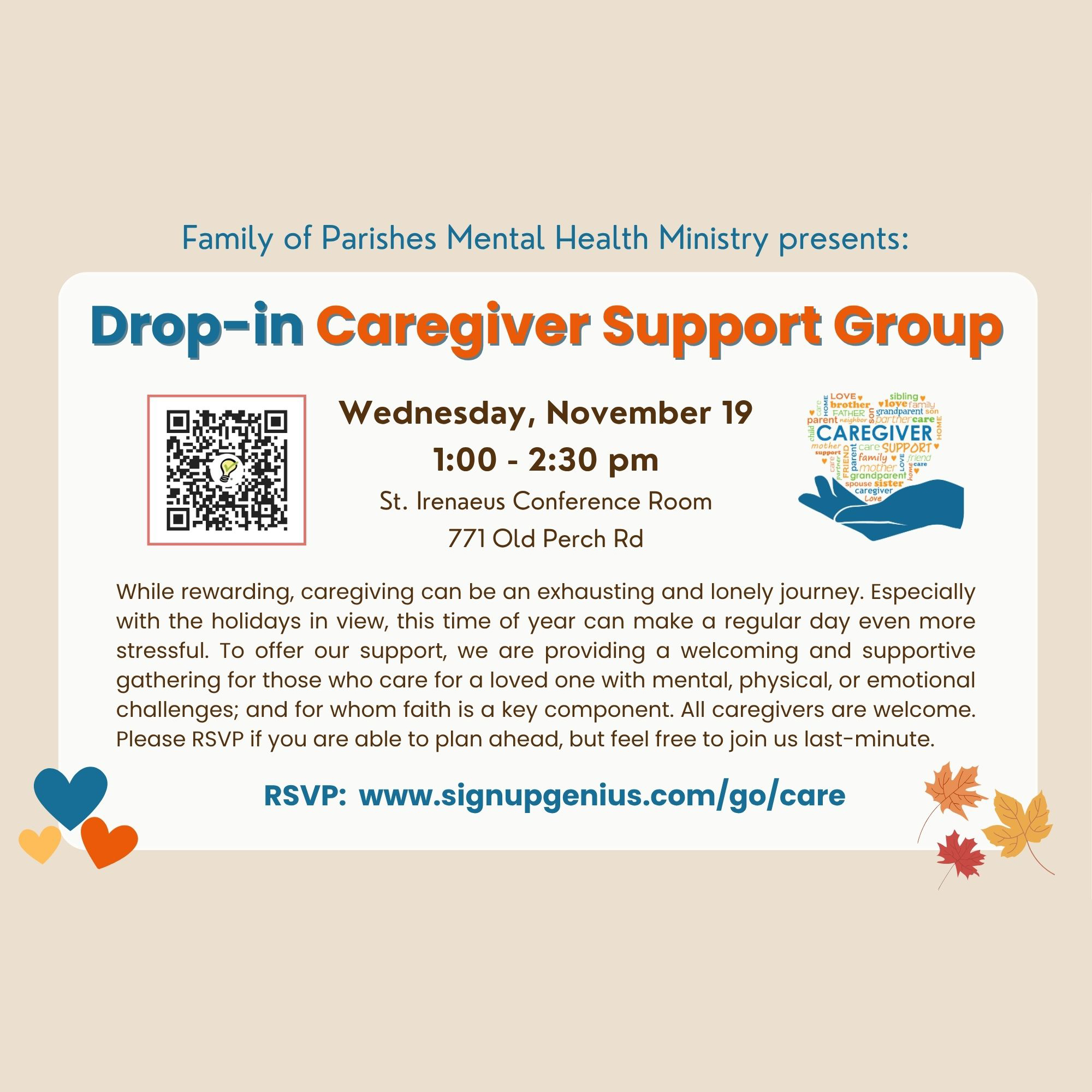 Join us for a Caregiver Support Group on Nov. 19 from 1-2:30pm at St. Irenaeus