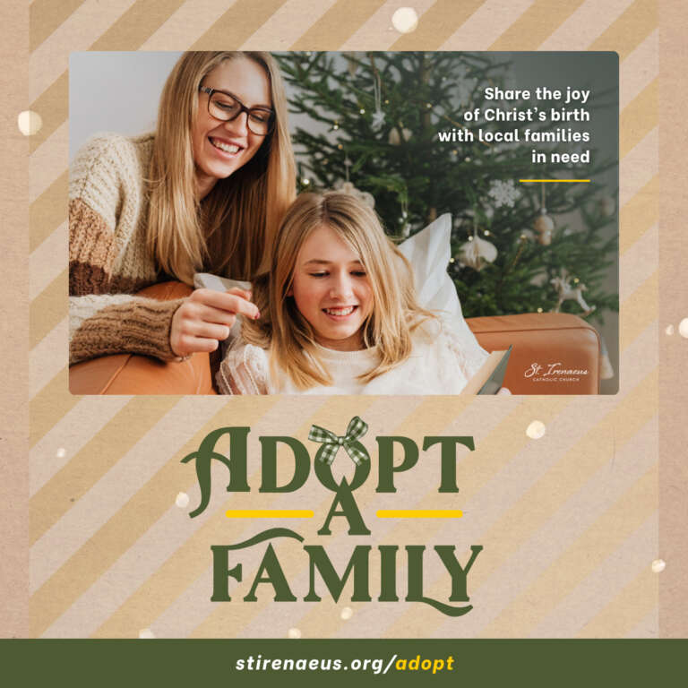 Adopt a family or individual this Christmas. Photo of mother and daughter by Christmas tree.