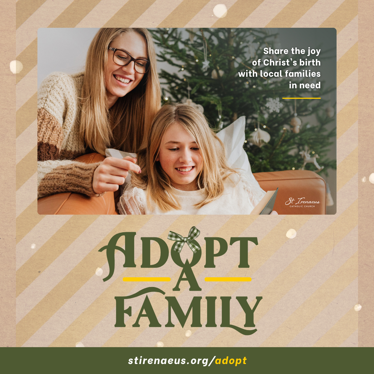 Adopt a family or individual this Christmas. Photo of mother and daughter by Christmas tree.