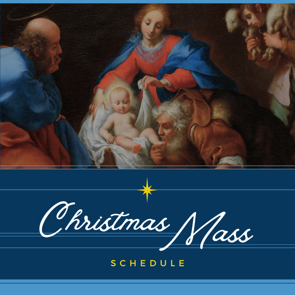 Christmas Mass Schedule for St. Irenaeus 2025. Graphic featuring painting of The Nativity.