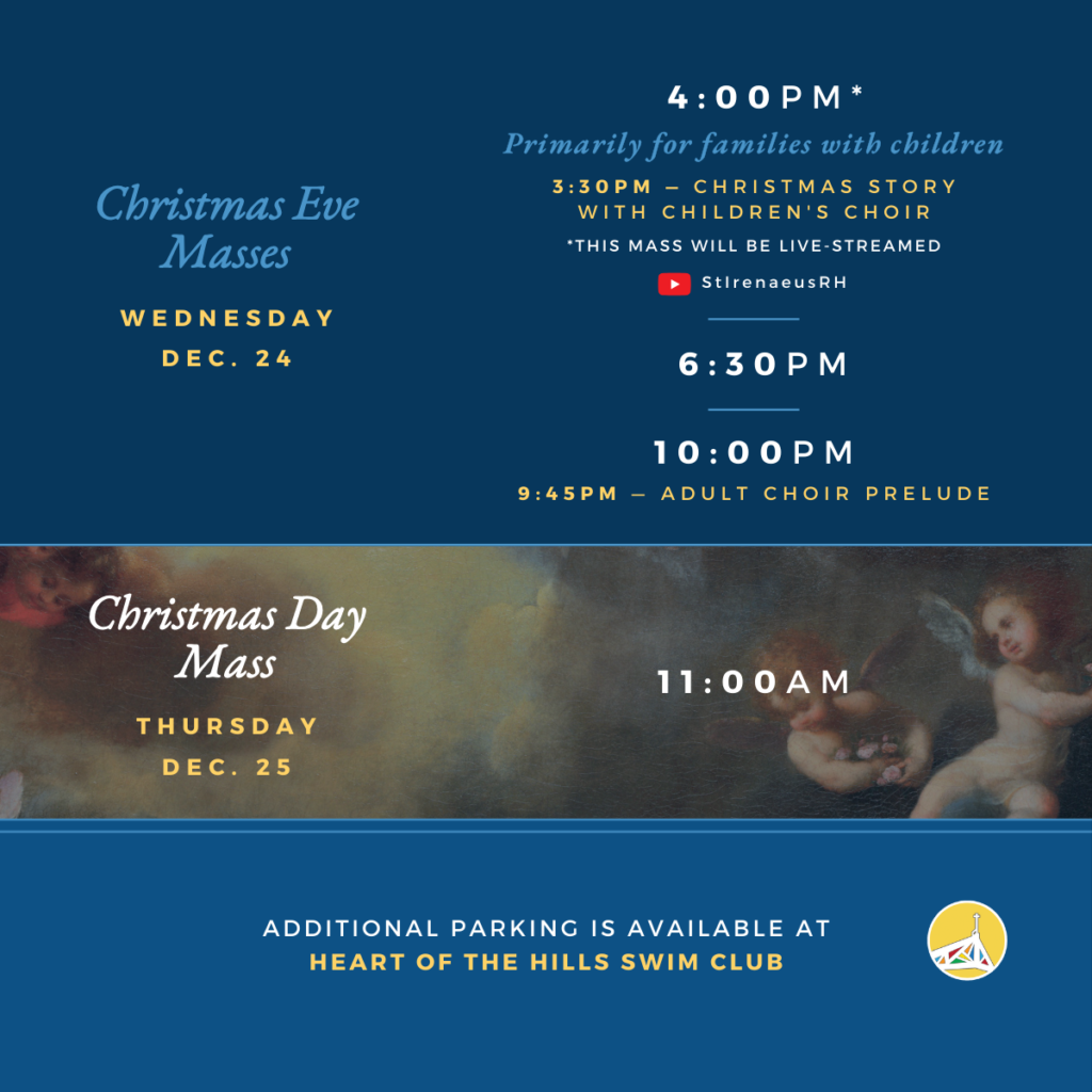Graphic of Christmas Mass Schedule for St. Irenaeus 2025