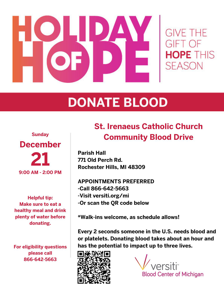 Blood Drive on Sunday, Dec. 21 from 9am-2pm
