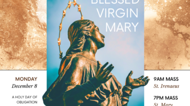 Photo of statue of Mary. Immaculate Conception Mass times.