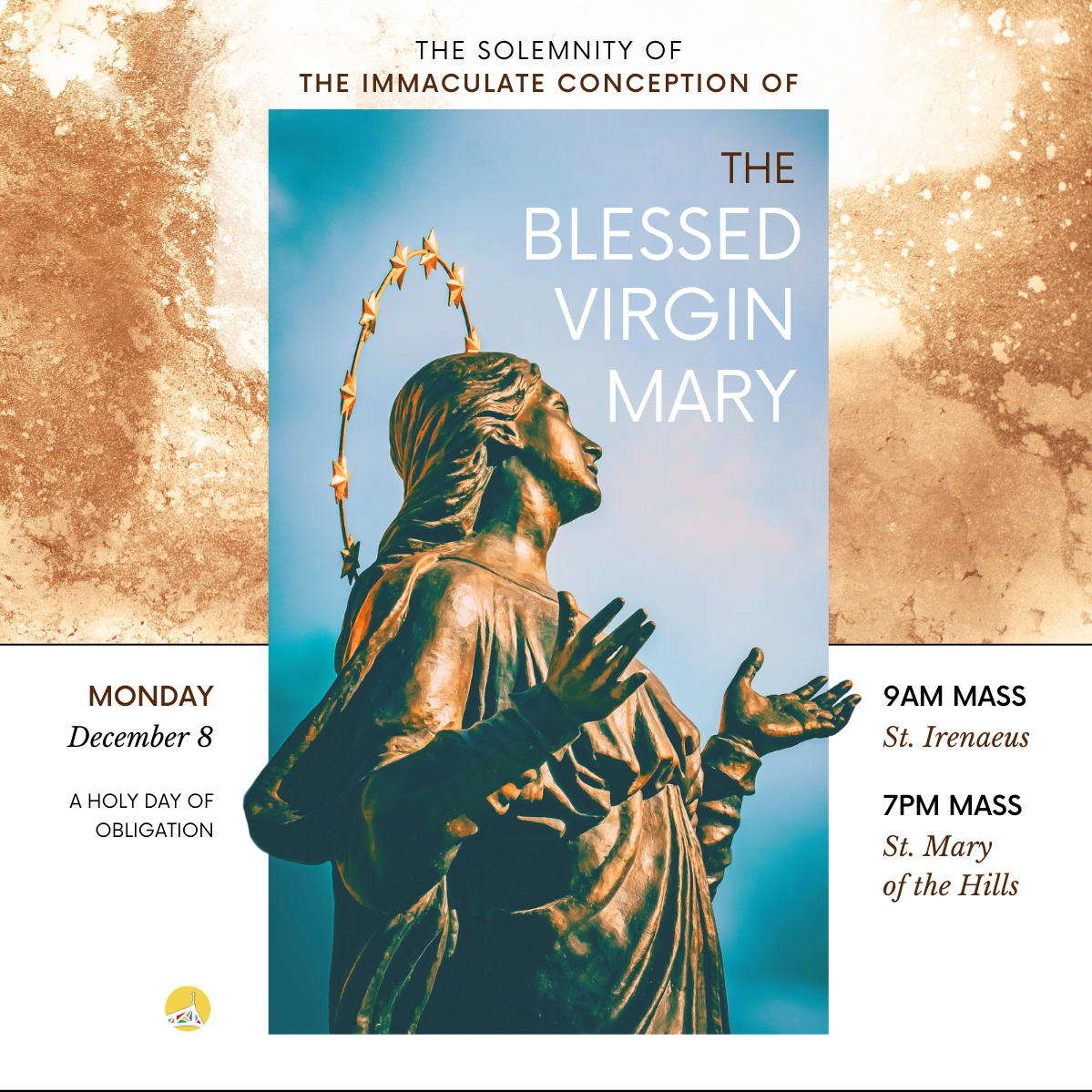 Photo of statue of Mary. Immaculate Conception Mass times.