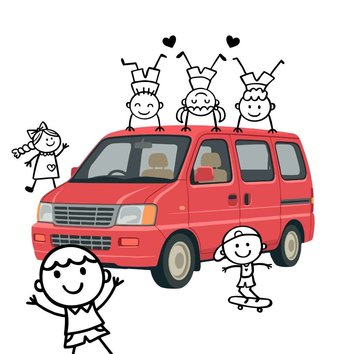 Graphic of stick figure kids around minivan