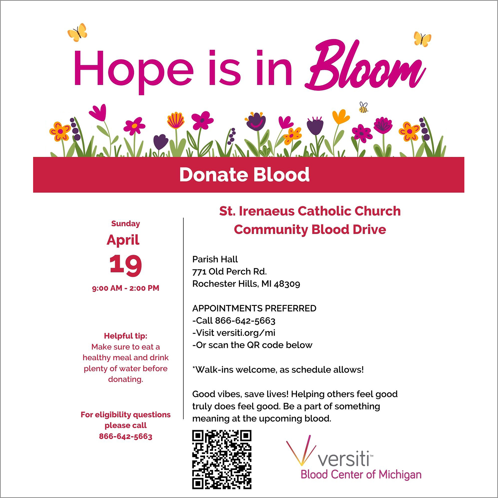 Hope is in Bloom Versiti Blood Drive April 19