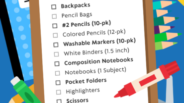 Donate school supplies for kids in need. Graphics of clipboard and school supplies.