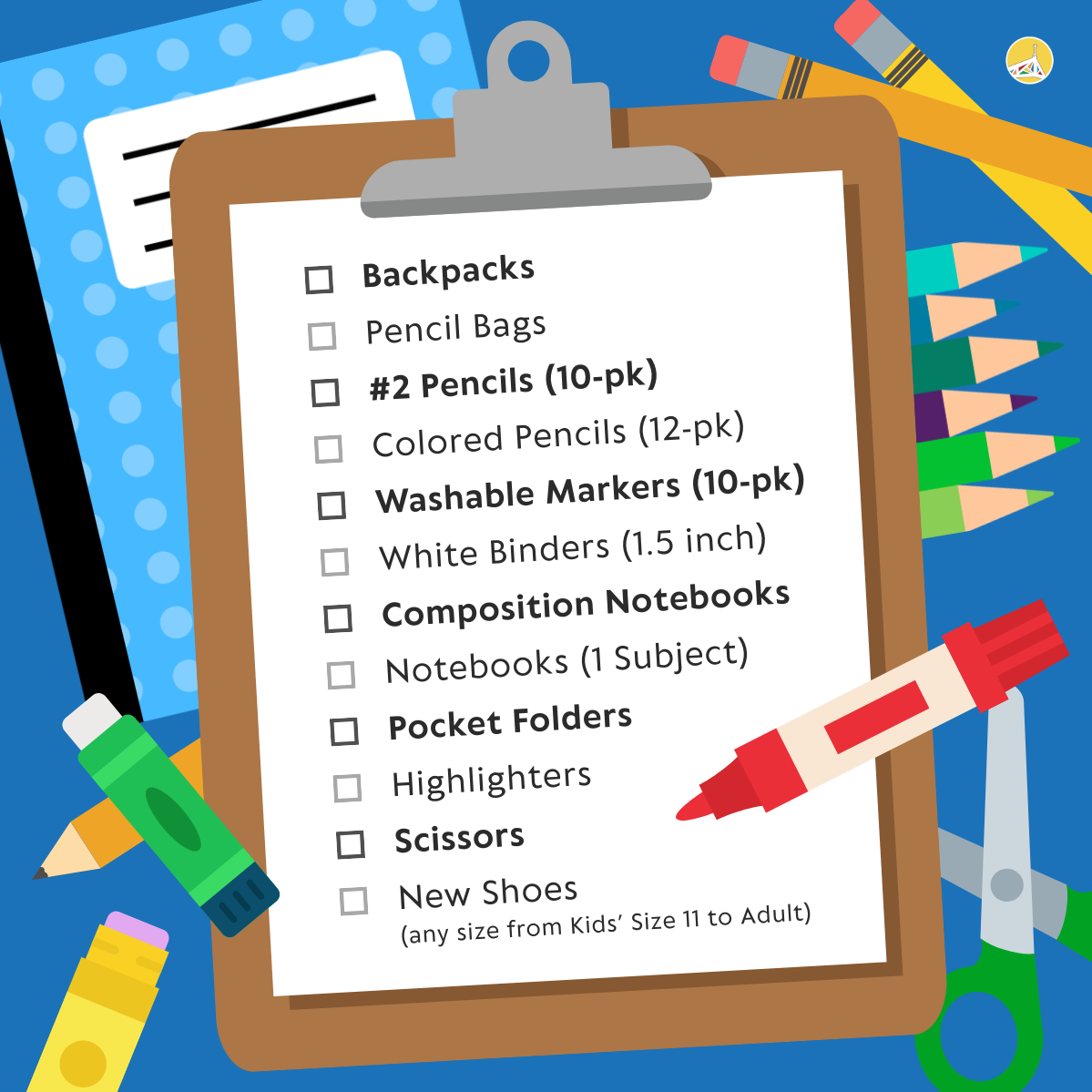 Donate school supplies for kids in need. Graphics of clipboard and school supplies.