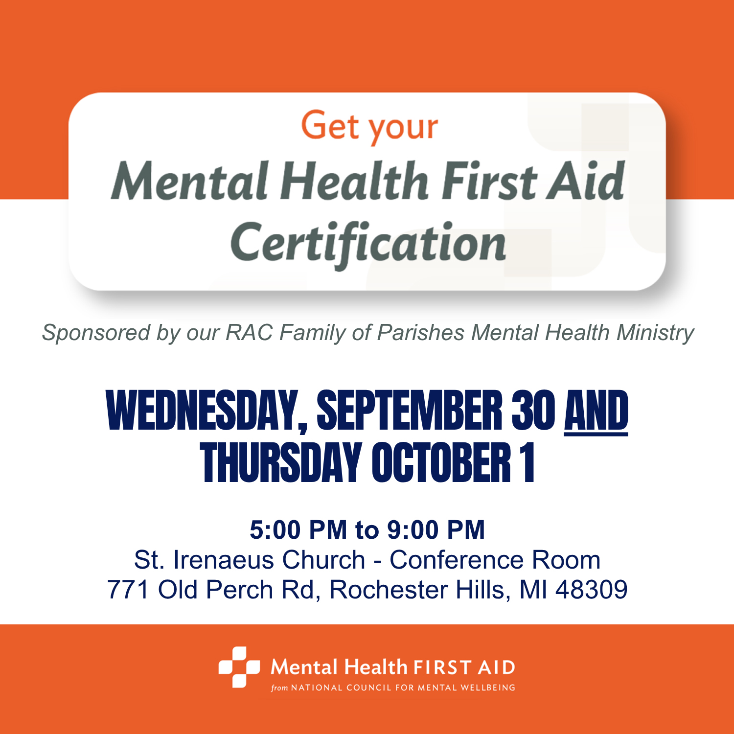 Mental Health First Aid Certification Sept. 30 and Oct. 1