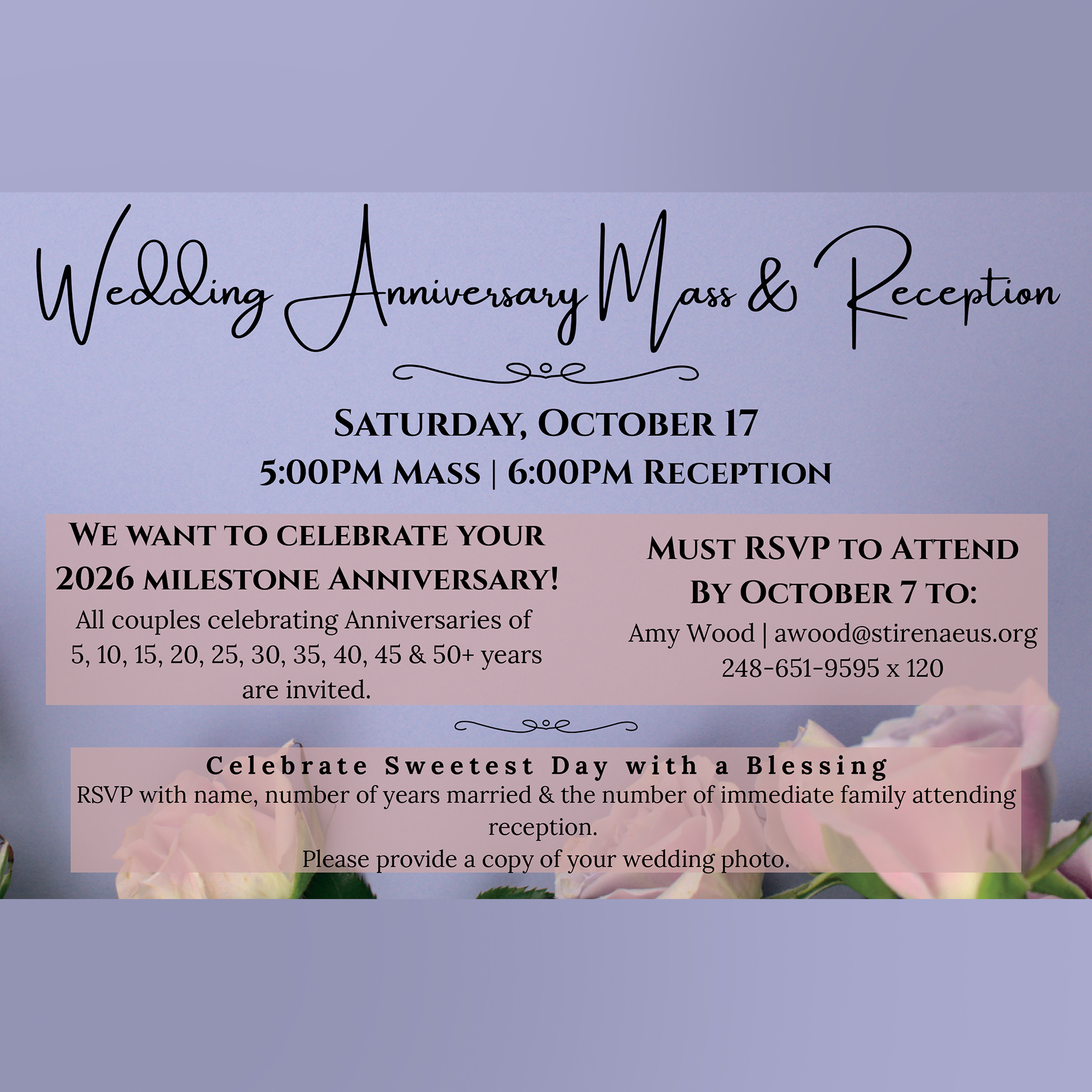 Anniversary Mass and Reception RSVP. Oct. 17, 2026