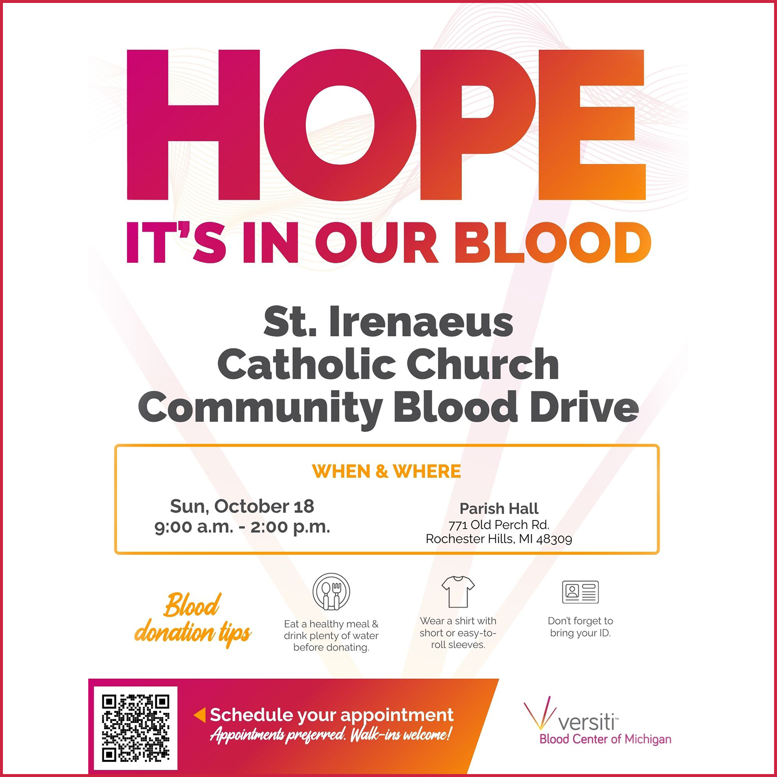 Donate Blood with Versiti on Sunday, October 18, 2026 from 9am-2pm